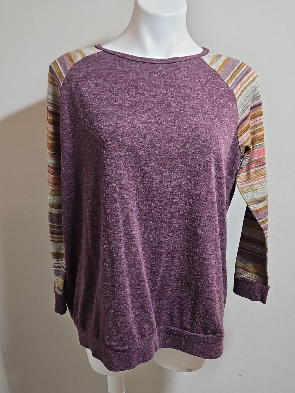 Umgee Small Plum Raglan Sweatshirt with Multicolor Striped Sleeves